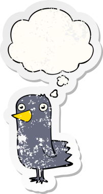 Düşünce baloncuğu olan çizgi film kuşu insan tarafından çizilmiş yıpranmış bir çıkartma gibi.