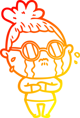 Bir insan tarafından çizilmiş gözlüklü, ağlayan bir kadının çizgi film çizimi.