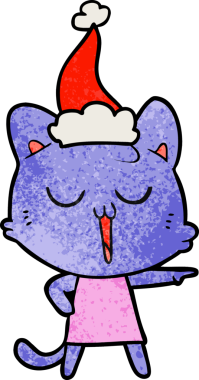 Bir insanın çizdiği Noel Baba şapkasıyla şarkı söyleyen bir kedinin el çizimi karikatürü.