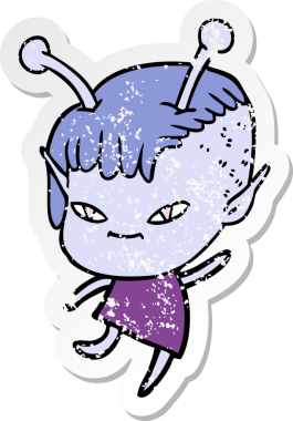 Bir insan tarafından çizilmiş sevimli uzaylı bir kızın sıkıntılı çıkartması.