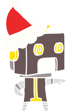 Bir insan tarafından çizilmiş Noel Baba şapkası takan bir robotun düz renkli çizimi