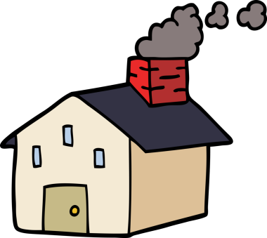 Bir insan tarafından çizilmiş bacası tüten karikatür evi.