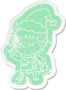 Bir insan tarafından çizilmiş Noel Baba şapkası giyen huysuz bir çocuğun garip karikatürü.