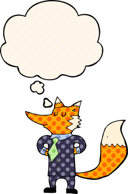 Çizgi roman tarzında bir insan tarafından çizilmiş düşünce balonu olan tilki çizgi roman işadamı.