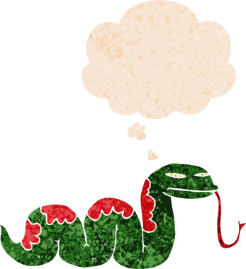 Düşünce baloncuğu içinde sürünen yılan dertli eski moda bir insan tarafından çizilmiş.