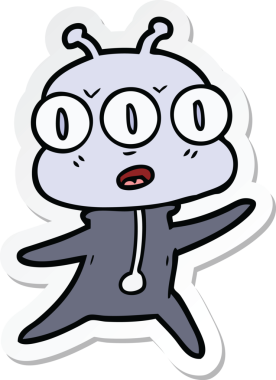 Çizgi film çıkartması. Bir insan tarafından çizilmiş üç gözlü uzaylı.