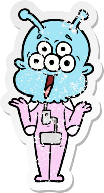 Bir insanın omuzlarını silkeleyen mutlu bir uzaylı çizgi filminin sıkıntılı çıkartması.