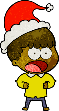 Şok olmuş bir adamın insan tarafından çizilmiş Noel Baba şapkası giydiği el çizimi bir çizgi film.