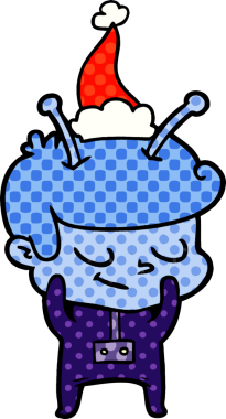 Utangaç el çizimi çizgi roman stili Noel Baba şapkası giyen bir uzaylının bir insan tarafından çizilmiş resmi.