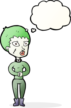 Bir insan tarafından çizilmiş düşünce balonlu zombi kız.