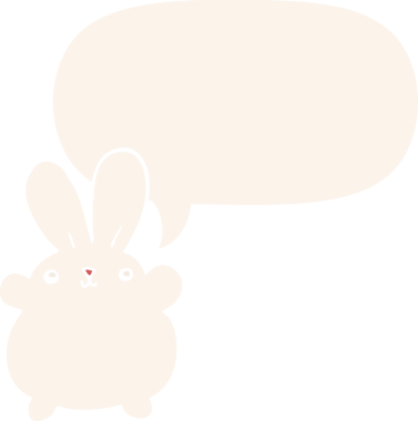 Konuşma baloncuğu olan sevimli çizgi film tavşanı insan tarafından çizilmiş.