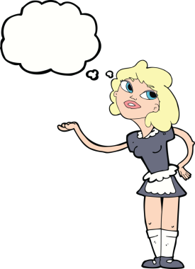 Bir insan tarafından çizilmiş düşünce balonuyla servis edilen karikatür garsonu.