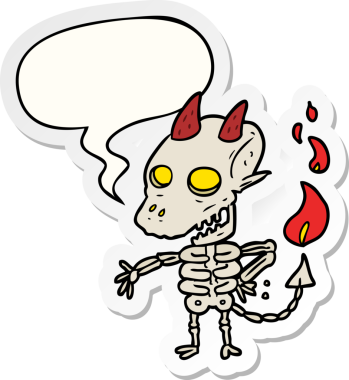 Bir insan tarafından çizilmiş konuşma kabarcığı çıkartması olan ürkütücü iskelet iblis çizgi filmi.