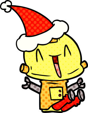 Bir insan tarafından çizilmiş Noel Baba şapkası giyen bir robotun el çizimi çizgi roman tarzı çizimi.