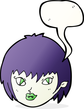 Bir insan tarafından çizilmiş konuşma balonlu vampir kız yüzü.