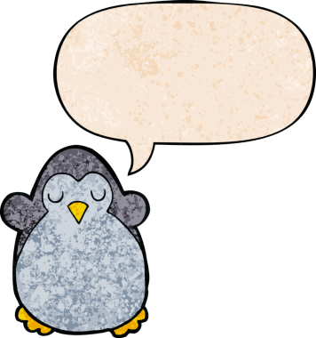 Konuşma baloncuğu olan karikatür pengueni insan tarafından çizilmiş.