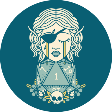 Retro Dövme Tarzı Ağlayan Elf düzenbaz karakter yüzü ve bir insan tarafından çizilmiş doğal bir D20 rulo