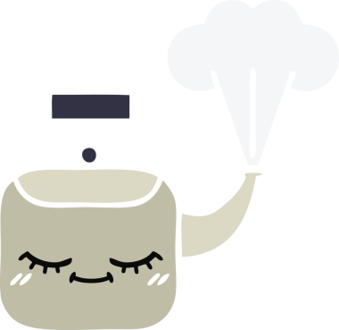 Bir insan tarafından çizilen dumanı tüten bir çaydanlığın düz renkli retro karikatürü