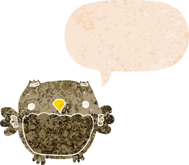 bir insan tarafından çizilmiş grunge sıkıntılı retro desenli konuşma baloncuğu ile çizgi film baykuşu