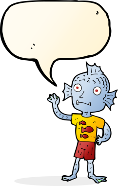 Bir insan tarafından çizilmiş konuşma balonlu balık çocuk.