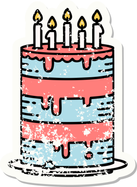 Bir insan tarafından çizilmiş geleneksel bir doğum günü pastası stili dövmesi.