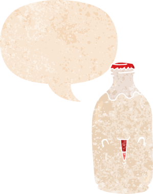 Tatlı çizgi film süt şişesi, konuşma baloncuğu ve grunge dertli retro stili bir insan tarafından çizilmiş.