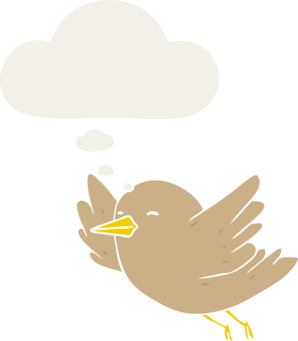 Düşünce baloncuğu olan çizgi film kuşu insan tarafından çizilmiş.