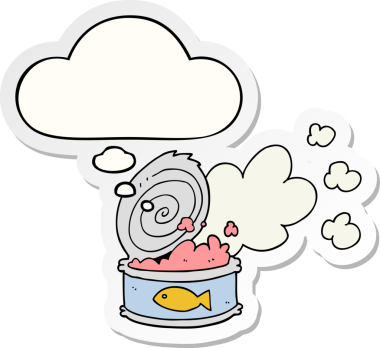 Düşünce baloncuğu insan tarafından çizilmiş bir çıkartma gibi kokulu balık konservesi.