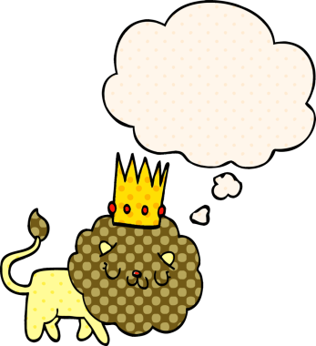 Karikatür aslanı ve bir insan tarafından çizilmiş düşünce baloncuğu.