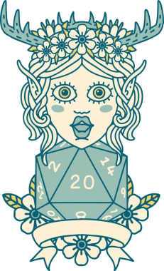 Retro Dövme Tarzı Elf Karakteri Bir insan tarafından çizilmiş doğal 20 zar ile