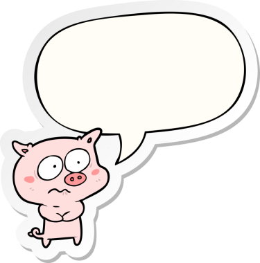 Bir insan tarafından çizilmiş konuşma kabarcığı çıkartmalı çizgi film gerilimli domuz.