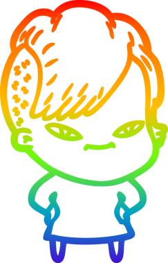 Gökkuşağı gradyan çizimi. Hipster saç kesimi bir insan tarafından çizilmiş şirin bir çizgi film kızı.