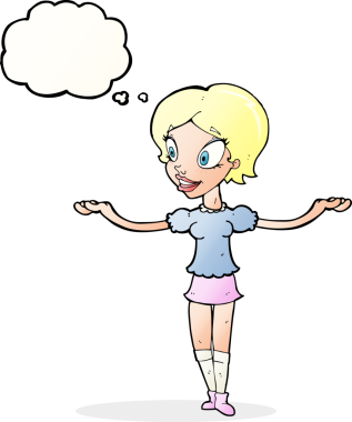 Bir insan tarafından çizilmiş düşünce baloncuğuyla kolları açık bir çizgi film kadını.