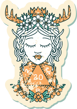 Retro Dövme Tarzı Elf Karakteri Nautral 20 zar bir insan tarafından çizilmiş