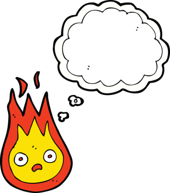 Bir insan tarafından çizilmiş düşünce baloncuklu çizgi film arkadaşı alev topu.