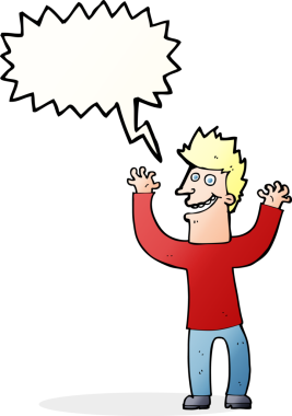 Bir insan tarafından çizilmiş konuşma balonuyla heyecanlı bir adam.