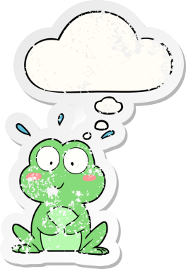 Düşünce baloncuğu olan sevimli çizgi film kurbağası insan tarafından çizilmiş yıpranmış bir çıkartma.