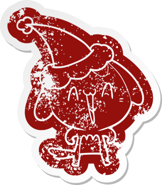 Bir insan tarafından çizilmiş Noel Baba şapkası takan bir köpeğin garip bir karikatürü.