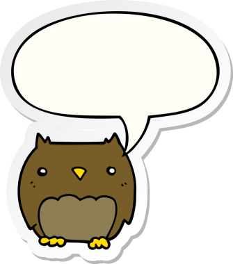 Bir insan tarafından çizilmiş konuşma kabarcığı çıkartmalı sevimli çizgi film baykuşu.