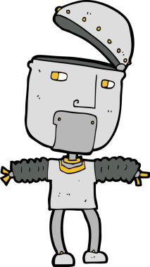 Bir insan tarafından çizilmiş açık kafalı komik çizgi film robotu.