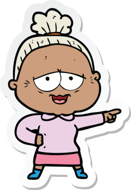 Bir insan tarafından çizilmiş mutlu yaşlı bir kadının çıkartması.