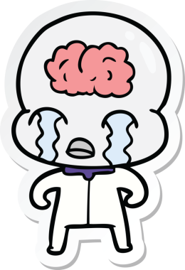 Bir çizgi film çıkartması. Bir insan tarafından çizilmiş büyük beyinli uzaylı ağlaması.