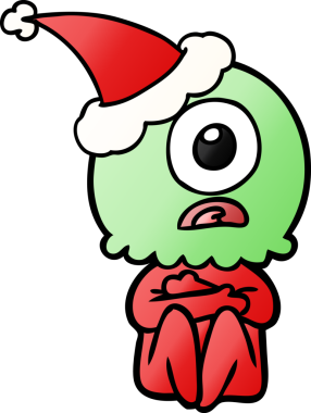 Bir insan tarafından çizilmiş Noel Baba şapkası giyen bir Tepegöz 'ün el çizimi çizgi filmi.