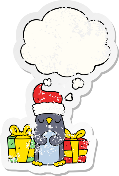 Düşünce baloncuğu olan sevimli noel pengueni insan tarafından çizilmiş yıpranmış bir çıkartma.