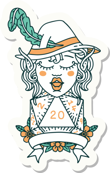 Bir insan tarafından çizilmiş 20 zarlı elf şairinin çıkartması.