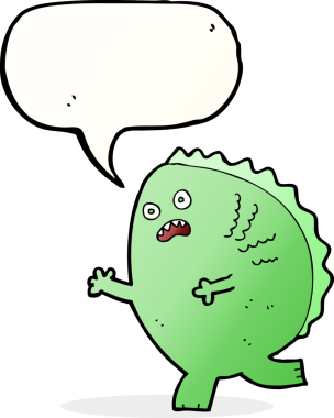 Bir insan tarafından çizilmiş konuşma balonlu çizgi film canavarı.