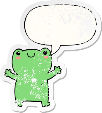 Konuşma baloncuğu olan sevimli çizgi film kurbağası bir insan tarafından çizilmiş sıkıntılı eski bir çıkartma.