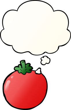 Düşünce baloncuklu çizgi film domatesi, bir insan tarafından çizilmiş düz eğimli bir şekil.