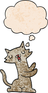 Bir insan tarafından çizilmiş grunge desenli düşünce baloncuklu çizgi film kedisi.