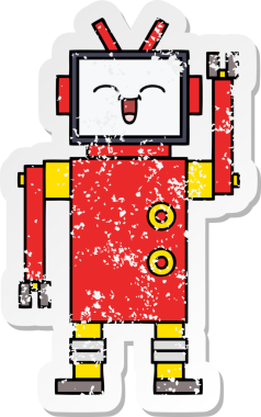 Bir insan tarafından çizilmiş sevimli bir robot çizgi film çıkartması.